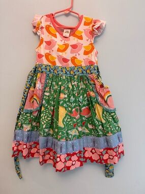 Wildflowers Pink, Yellow, Orange, Green, Blue Patchwork Bird Print Dress
